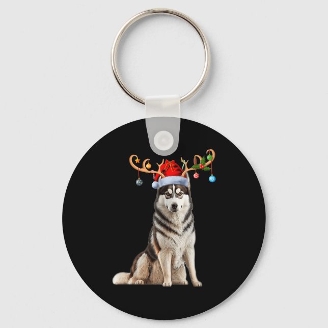 Reindeer Santa Hat Christmas Pajamas Husky Dog Xma Nyckelring (Framsida)
