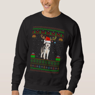 Reindeer Santa Hat Matching Ugly Alaska Malamute Lång Ärmad Tröja