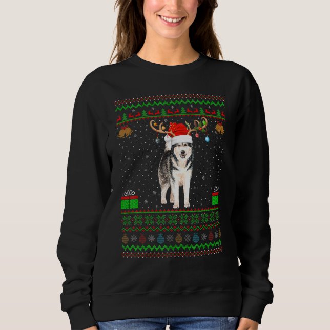 Reindeer Santa Hat Matching Ugly Alaska Malamute T Shirt (Framsida)