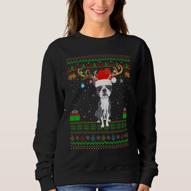 Reindeer Santa Hat Matching Ugly Boston Terrier Ch T Shirt (Framsida)