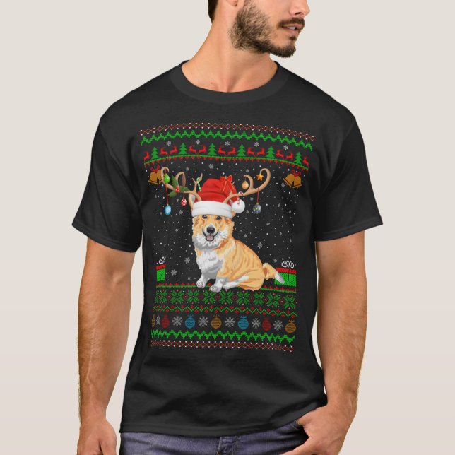 Reindeer Santa Hat Matching Ugly Welsh Corgi Chris T Shirt (Framsida)
