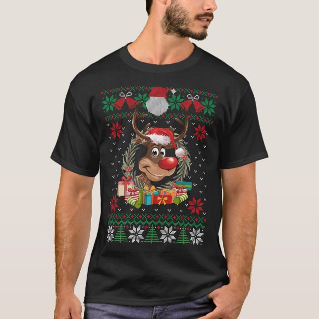 Reindeer Santa Hat Ugly jul Sweater Funny Xm T Shirt (Framsida)
