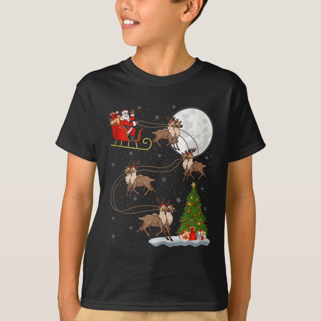 Reindeer Santa Sleigh Flying Funny Magical Christm T Shirt (Framsida)