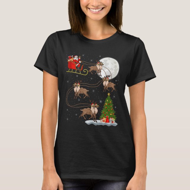 Reindeer Santa Sleigh Flying Funny Magical Christm T Shirt (Framsida)