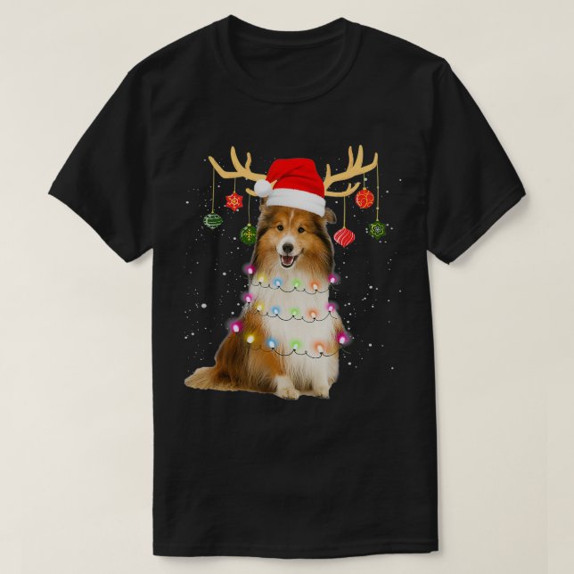 Reindeer Sheltie Dog Santa Hat Christmas Light Xma T Shirt (Design framsida)