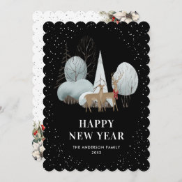 Reindeer Snowy Forest Black New Year Card Julkort