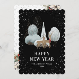 Reindeer Snowy Forest Black New Year Card Julkort