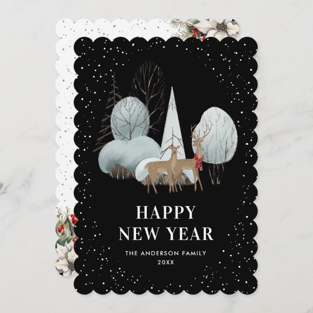 Reindeer Snowy Forest Black New Year Card Julkort (Fram/baksida)
