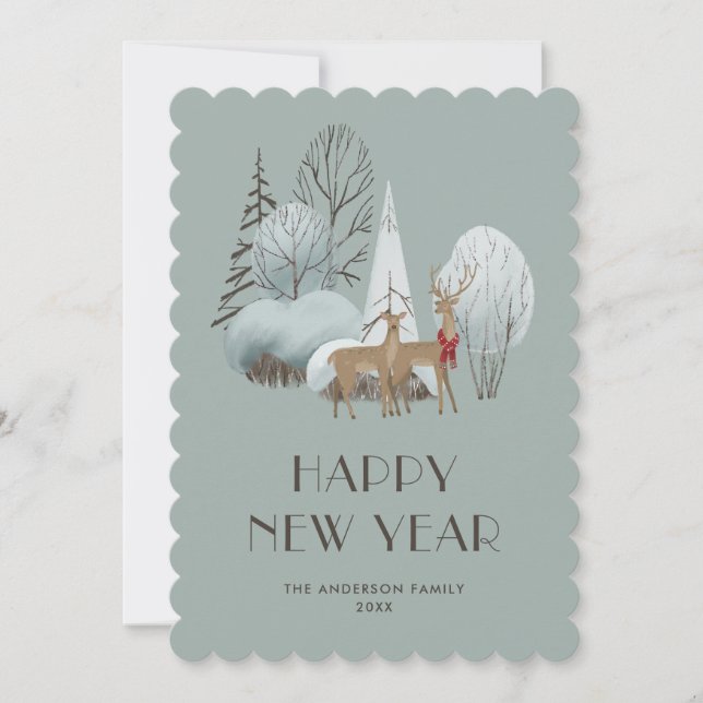 Reindeer Snowy Forest Gott nytt år Card Julkort (Framsida)