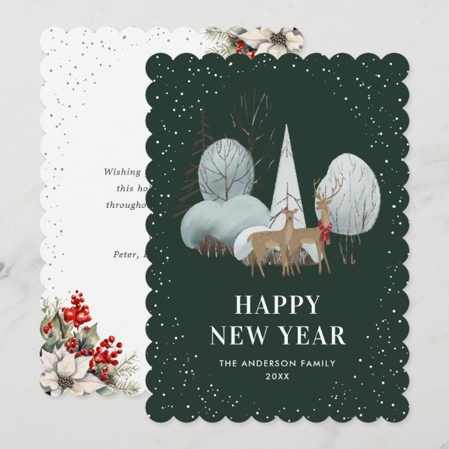 Reindeer Snowy Forest Green New Year Card Julkort (Fram/baksida)