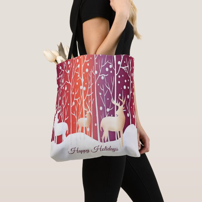 Reindeer Snowy Helgdag Tote Bag Tygkasse (Närbild)