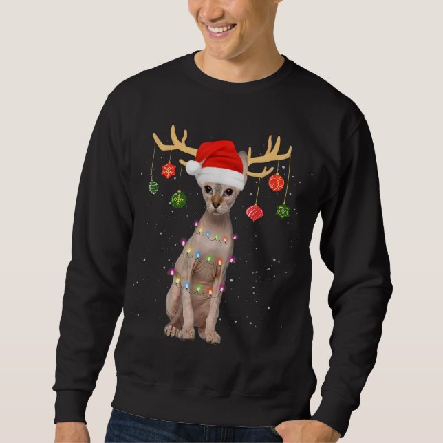 Reindeer Sphynx Cat Santa Hat jul Light Julafton Lång Ärmad Tröja (Framsida)