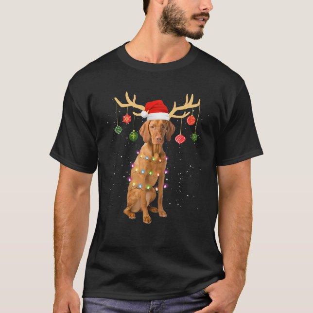 Reindeer Vizsla Hund Santa Hat julljus Julafton T Shirt (Framsida)