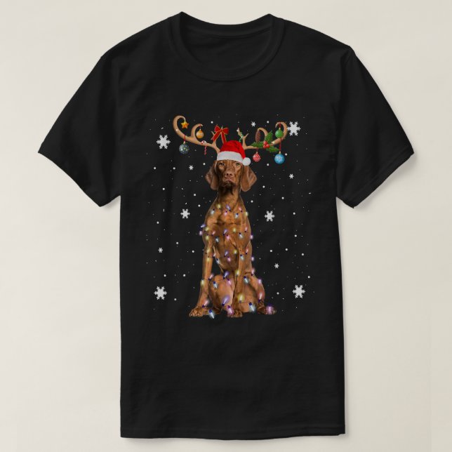 Reindeer Vizsla Hund Santa Hat julljus Julafton T Shirt (Design framsida)