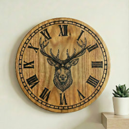 Reindeer Wall Clock - Wooden Style Design  Stor Klocka