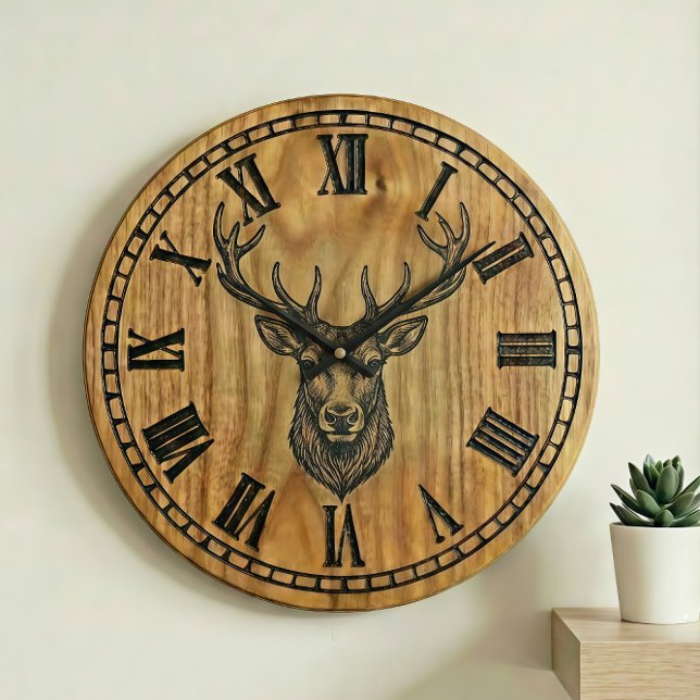 Reindeer Wall Clock - Wooden Style Design  Stor Klocka (Skapare uppladdad)