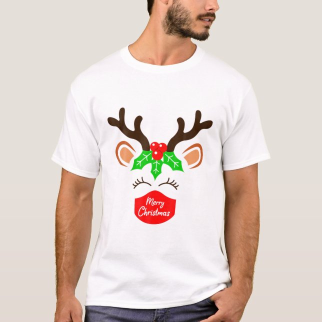 Reindeer Wearing Mask jul 2021 Matching Fami T Shirt (Framsida)