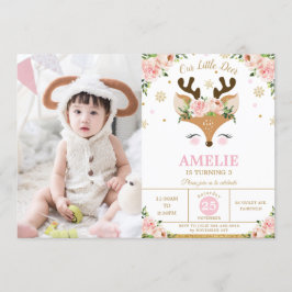 Reindeer Winter Guld Snöflingor Birthday Photo Inbjudningar