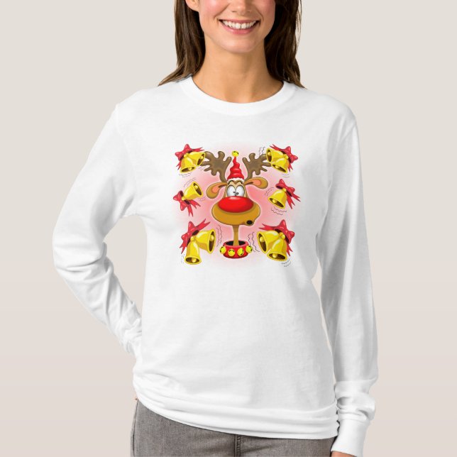 Reindeers Roligt Jul Tecknad med Klockor Alarms Tee Shirt (Framsida)