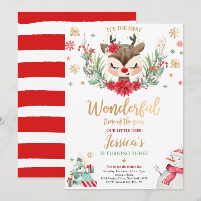 ReindeGod Winter-Hjorten, Födelsedagsfesten Red Wi Inbjudningar (Fram/baksida)