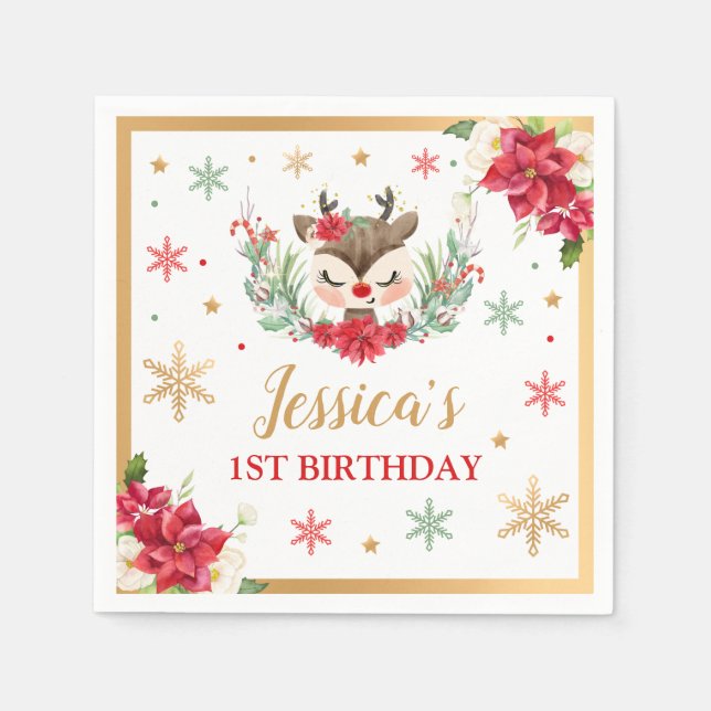 Reindejul 1:a födelsedag Röd vinter Hjort Pappersservett (Framsidan)
