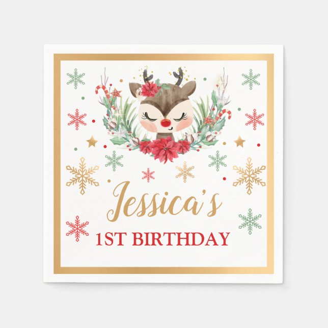 Reindejul 1:a födelsedag Röd vinter Hjort Pappersservett (Framsidan)