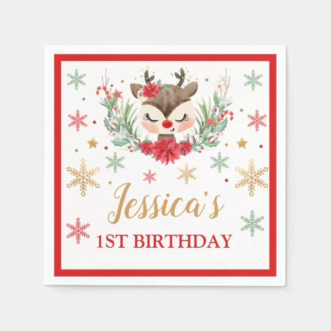 Reindejul 1:a födelsedag Röd vinter Hjort Pappersservett (Framsidan)