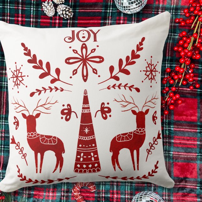 Reindejul Red and White Nordic Watercolor Kudde (Reindeer Christmas Red and White Nordic Watercolor Throw Pillow)