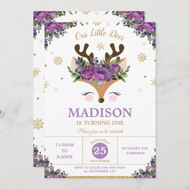 ReindeLila Blommigt Snöflingor Födelsedagsfest Inbjudningar (Fram/baksida)