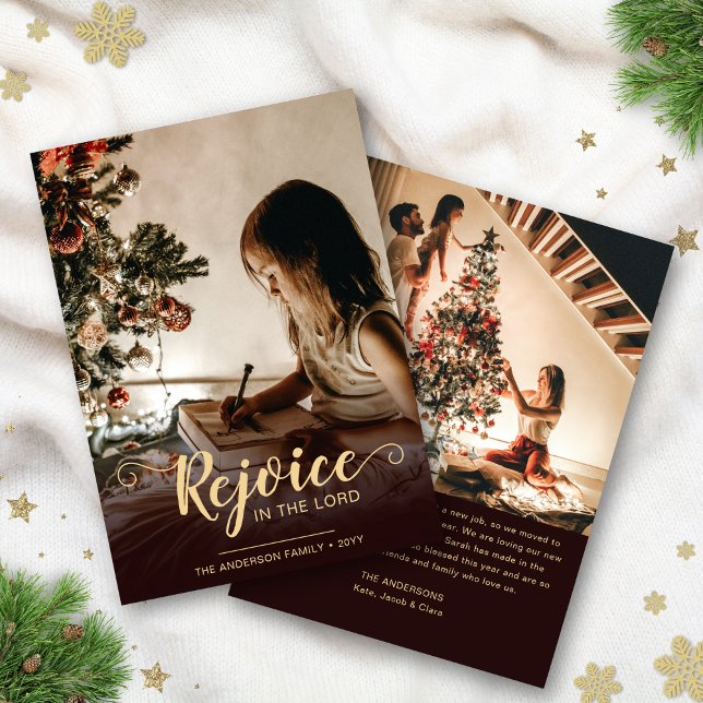 Rejoice Brown Rustic Religiösa jul Julkort (Rustic, religious Christmas card in brown and gold )