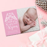 Rejoice Elegant Flicka Photo Rosa jul Julkort<br><div class="desc">En elegant ängel sitter över julklaven ord från O Heliga Natt på detta vackra rosa- och vita helgdag-kort. Det är hoppfullt, den rika världen gläds. Rejöst med det här vackra födelseattest för religiösa med fantastisk kalligrafi och ditt nyfödda foto på framsidan och baksidan. Ett underbart julkort för födelseanmälan från Christian...</div>