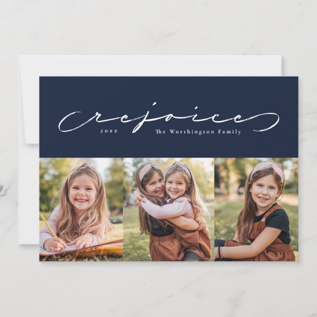 Rejoice religiösa helgdag navy 3-fotokort julkort (Framsida)