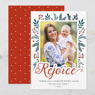 Rejoice Script Festive jul Red Berries Photo Julkort