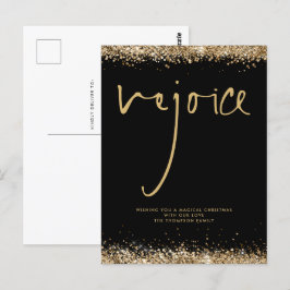 Rejoice Script Guld Glitter Black Namn jul Vykort