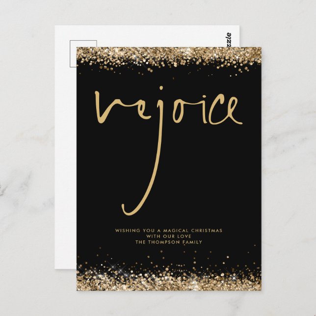 Rejoice Script Guld Glitter Black Namn jul Vykort (Fram/baksida)