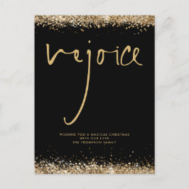 Rejoice Script Guld Glitter Black Namn jul Vykort