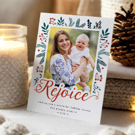 Rejoice Script Modern Winter Holly Berries Photo Julkort