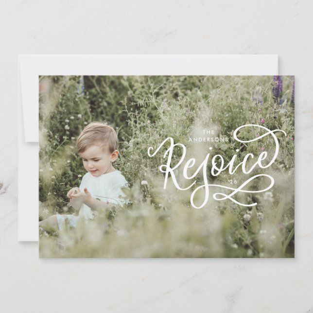 Rejoice White Lettering Landscape Julfoto Julkort (Framsida)