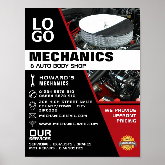Reklam för bilmotor, automatisk mekanik och repara poster (Framsidan)