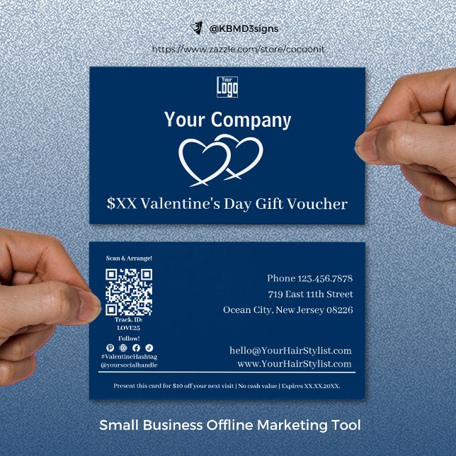 Reklamblå presentkort för Alla hjärtans dag Visitkort (Modern Promotional Blue Valentine's Day Gift Voucher Card, Small Business Offline Marketing Tool)