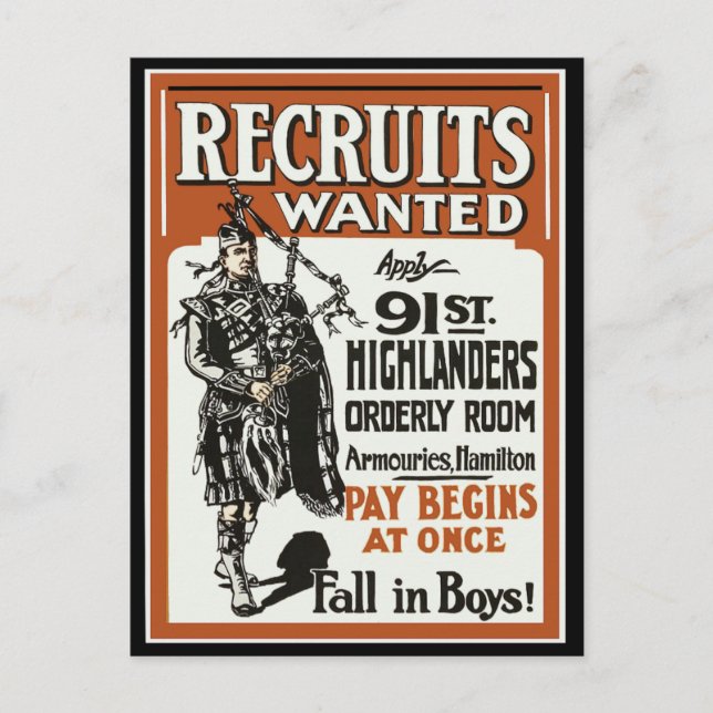 Rekrytering 91:a Highlanders Bagpiles WWI Vykort (Framsida)