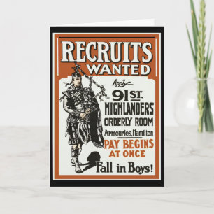 Rekrytering 91st Highlanders Bagpiles WWI Kort