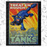 Rekrytering i vintage Krig med Vild katt Pussel<br><div class="desc">Vintage illustration av patriotisk militär propaganda poster Treat em Rough och Går med Tankerna, United Stater Tanks Corps." Denna patriotiska annons krig poster en stor galen katt med vild öga och klo som angriper tanker med himlar fyllda av brand och lågor när staden brinner i avstånd. Stödja våra stolta, modiga...</div>