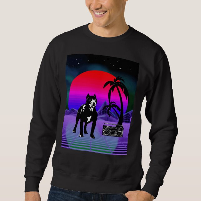 Rekryteringsruta för Synthwave Pitbull Hund Retro  Lång Ärmad Tröja (Framsida)