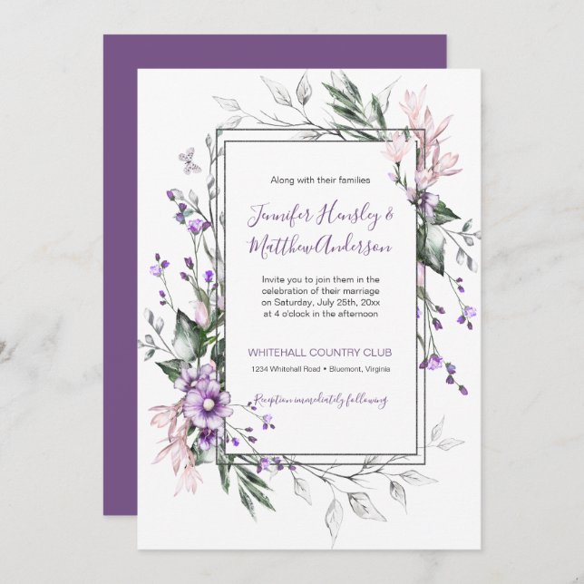 Rektangel för Blommigt av lila och  vattenfärg | Inbjudningar (Fram/baksida)