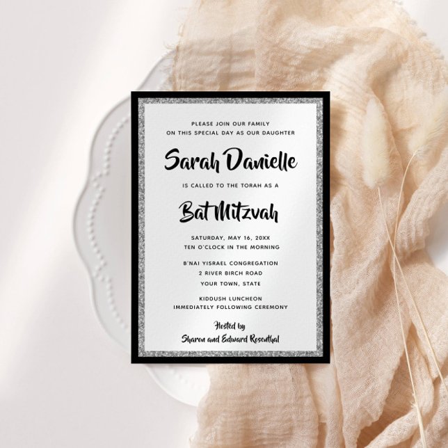 Rektangel med Bat mitzvah svart och Silver Inbjudningar (Skapare uppladdad)