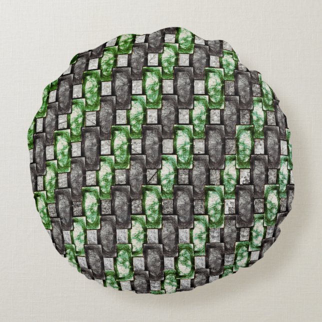 Rektangulär biet, kardad och nedfläckad, grått grö rund kudde (Baksidan)