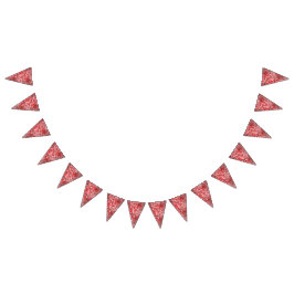 Rektangulär textildesign med ornerad röd, vit, vimplar