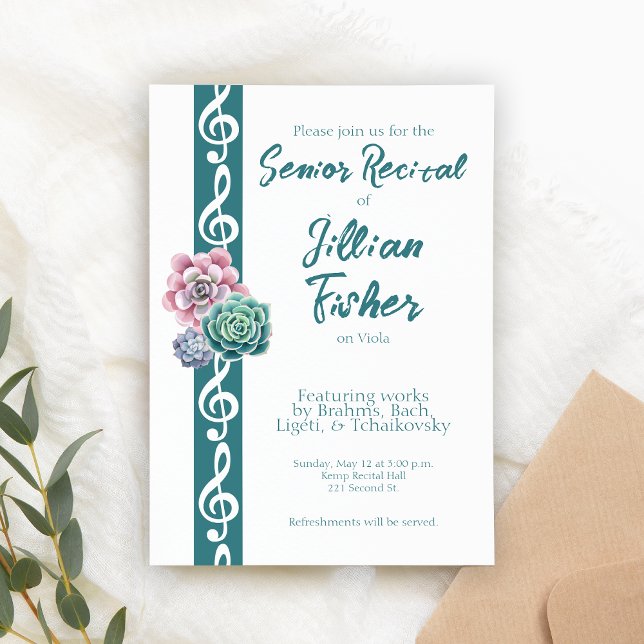 Rektorier för "Succulble Clef Theme Senior Music" Inbjudningar (Custom senior recital invitation template.)