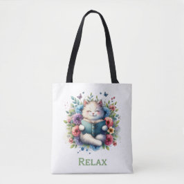 “Relax” cat reading tote bag Tygkasse